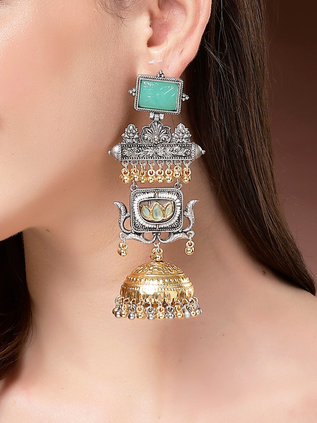 Karatcart Designer Oxidized Silver & Gold Plated Green Carved Stone Long Dual Tone Jhumka Earrings
