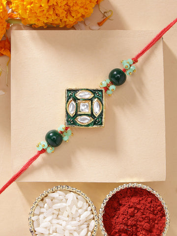 KARATCART Designer Green Meena Floral Design Handmade Kundan Rakhi for Brother with Roli & Chawal