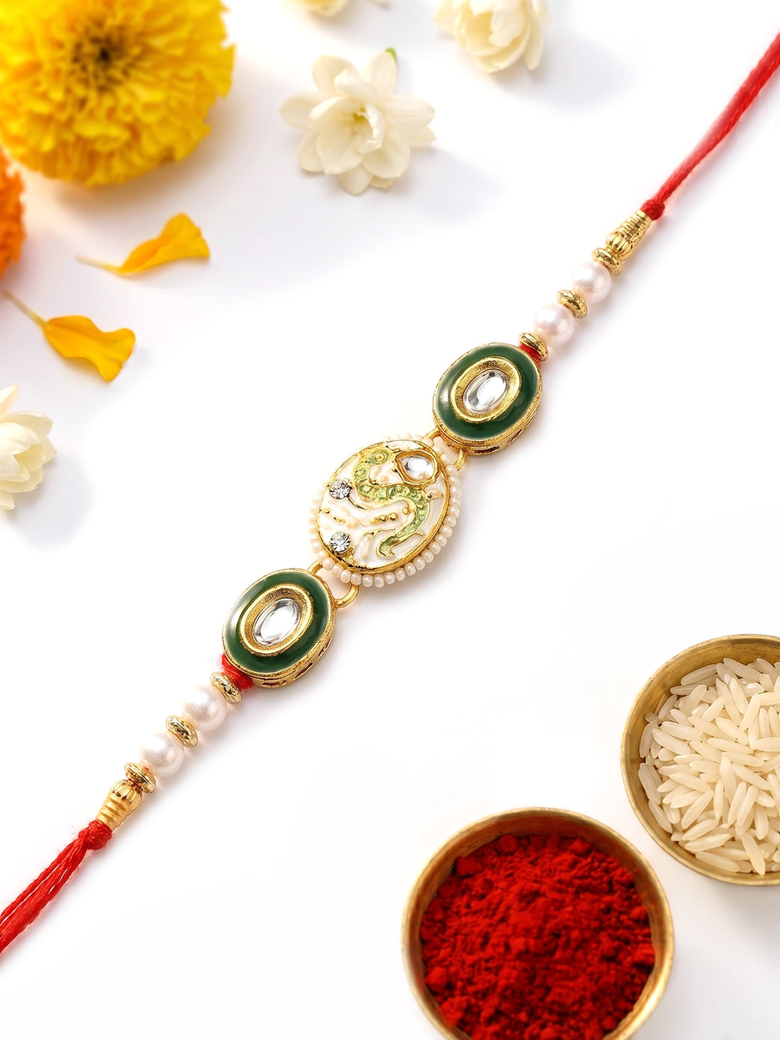 KARATCART Elegant Snake Design White Meenakari Kundan Handmade Rakhi for Brother with Roli Chawal