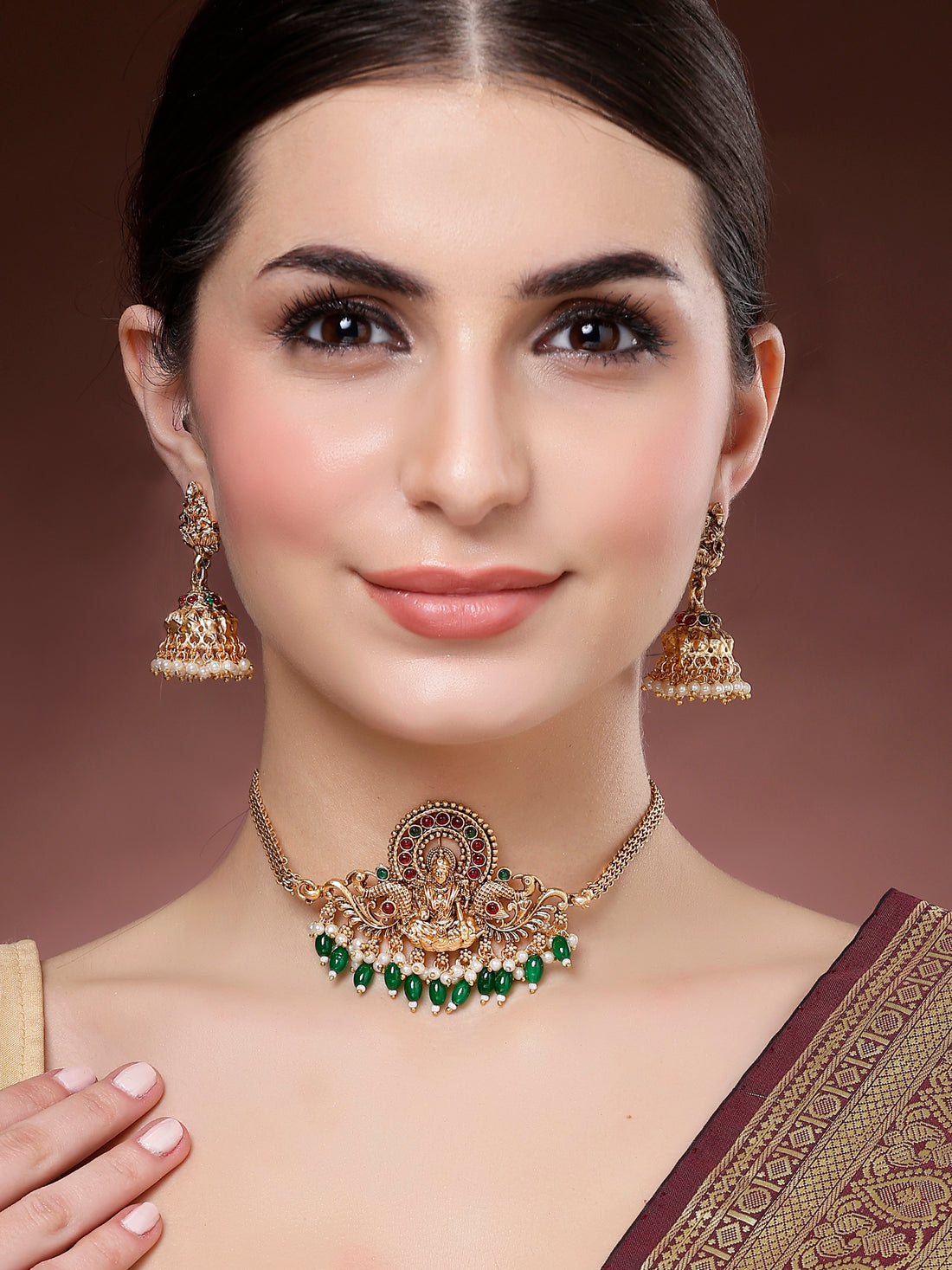 Karatcart Stunning Gold Plated Green Tumble Laxmi Mata Temple Jewellery Set for Women