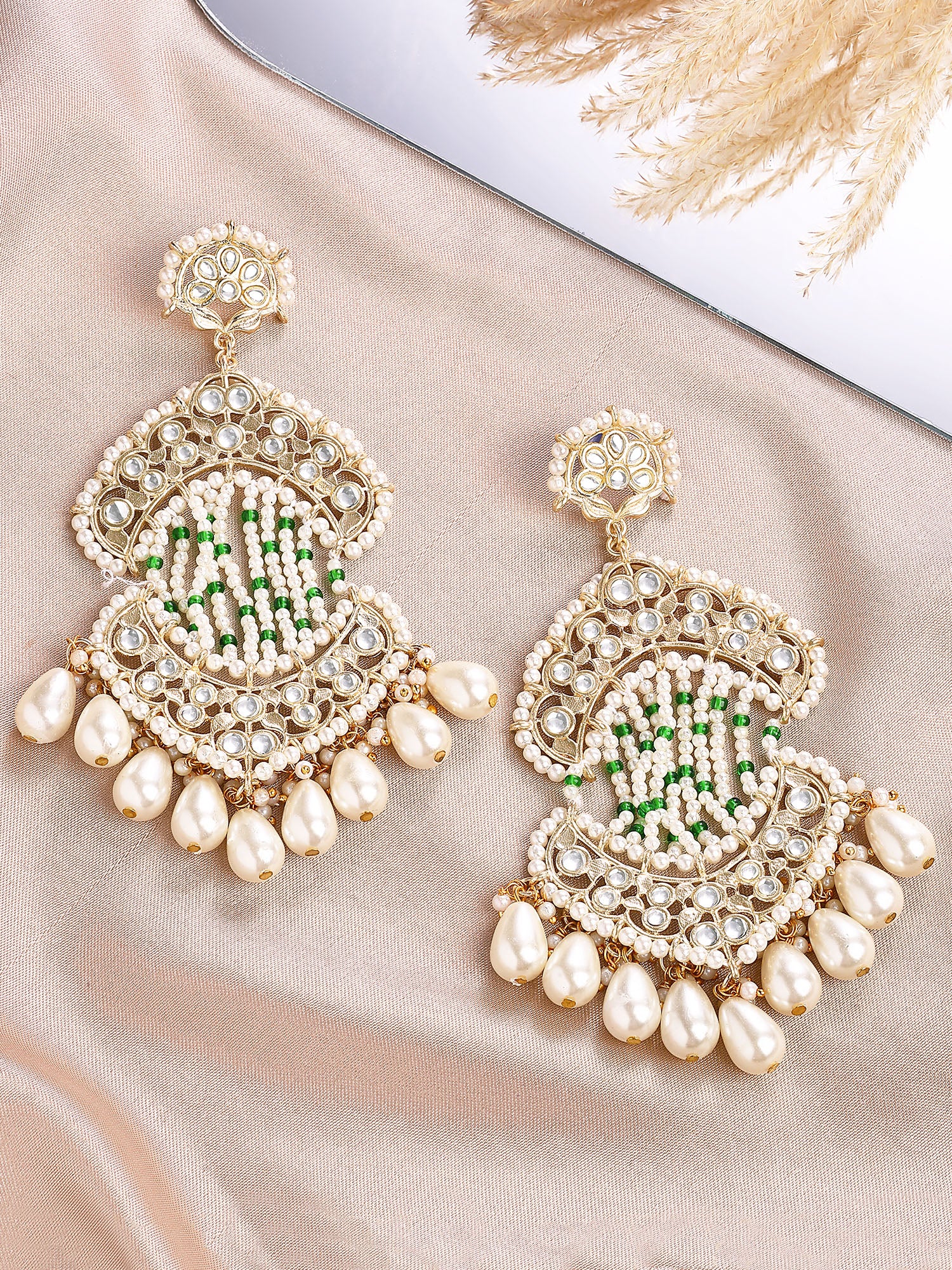 KARATCART Gold-Plated Pearl Dangler Earrings with Green Beads and Crystal Embellishments