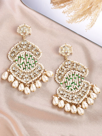 KARATCART Gold-Plated Pearl Dangler Earrings with Green Beads and Crystal Embellishments