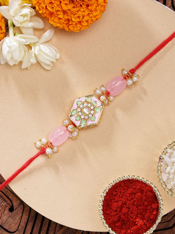 KARATCART Elegant Pink Beads Floral Meenakari Handmade Rakhi for Brother with Roli & Chawal