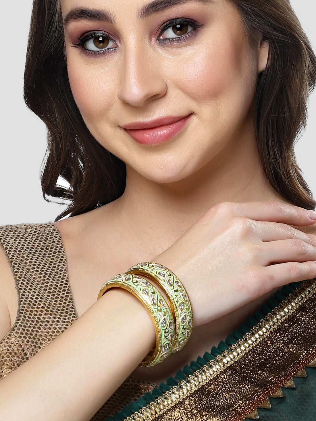 Karatcart Set of 2 Antique Light Green Meena Gold Plated Bangles for Women