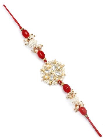 Karatcart Gold Plated Red Beads Kundan Bhiya Rakhi with Roli & Chawal