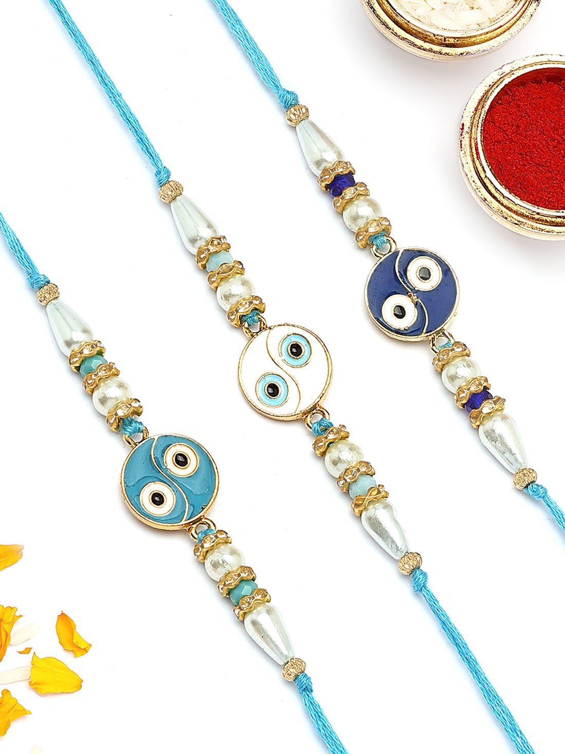 KARATCART Set of 3 White and Blue Enamel Evil Eye Rakhi for Brother with Roli & Chawal