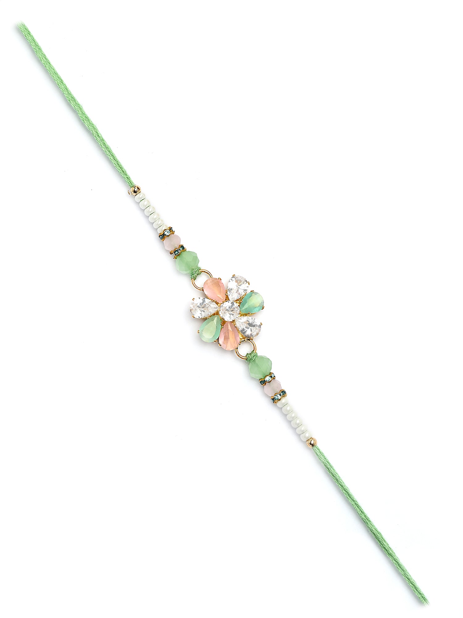 Karatcart Lime Green, Peach and White Rhinestones Floral Bhiya Rakhi with Roli & Chawal