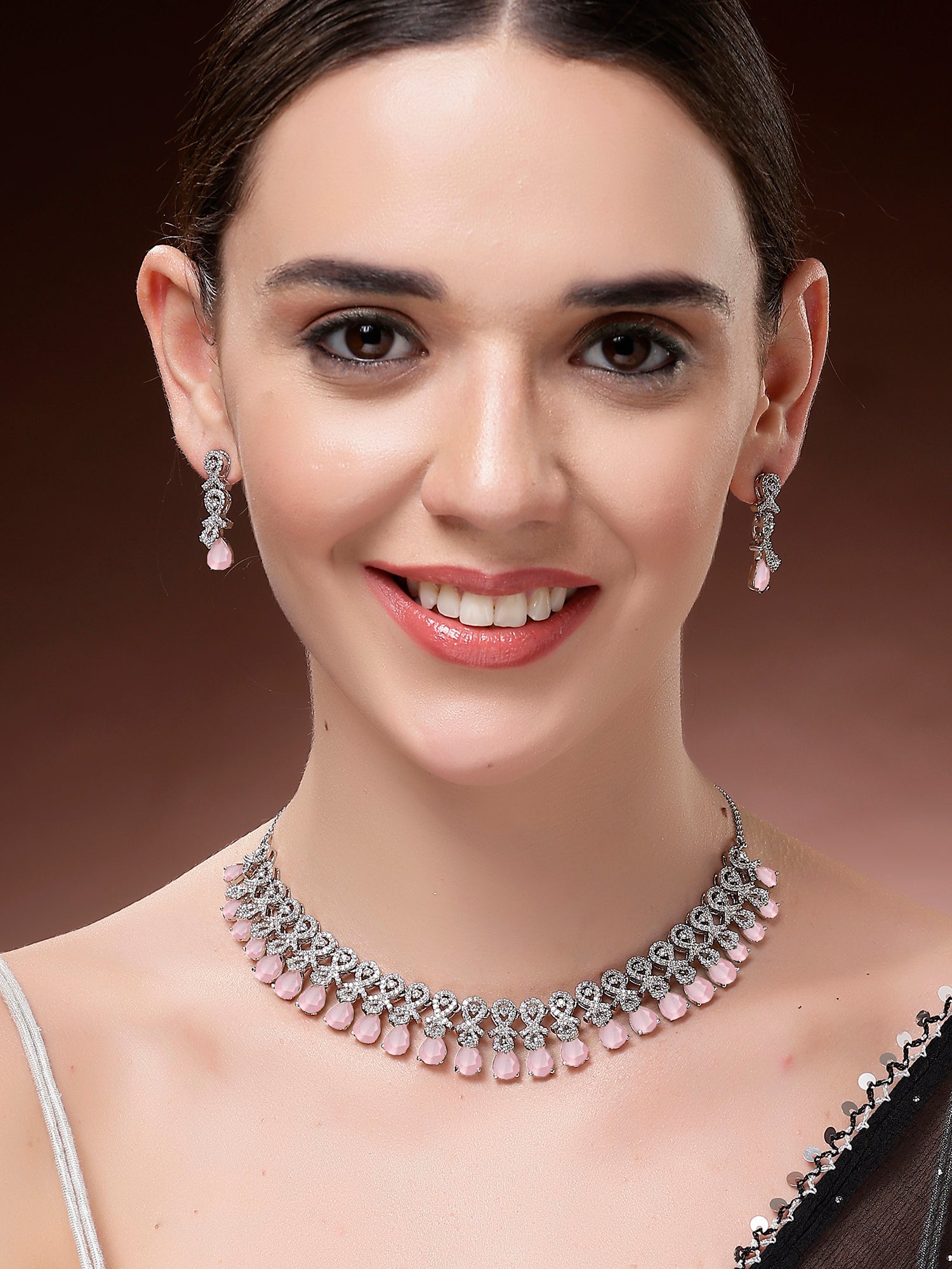 Karatcart Pink Classic American Diamond Necklace Set for Women - view 3