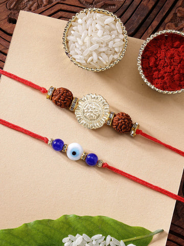 KARATCART Set of 2 Evil Eye and Rudraksha Handmade Kundan Rakhi for Brother with Roli & Chawal