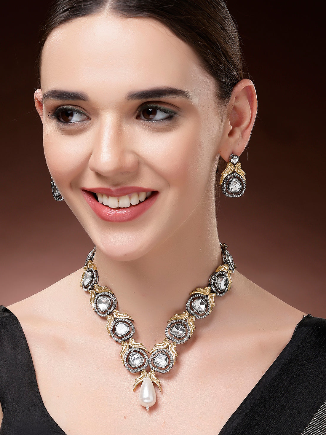 Karatcart Gold Plated Peacock Studded Black Polki Kundan Necklace Set for Women