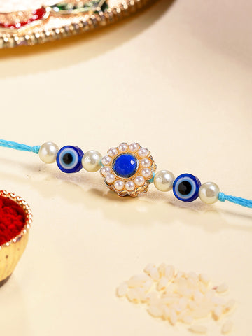 KARATCART Gold Plated Blue Evil Eye Kundan Bhaiya Rakhi with Roli & Chawal