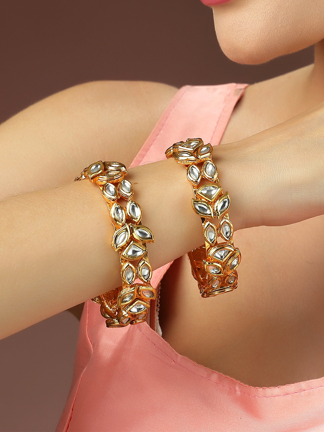 Karatcart Set of 2 Polki Gold-Plated Pearl Studded Bangles for Women