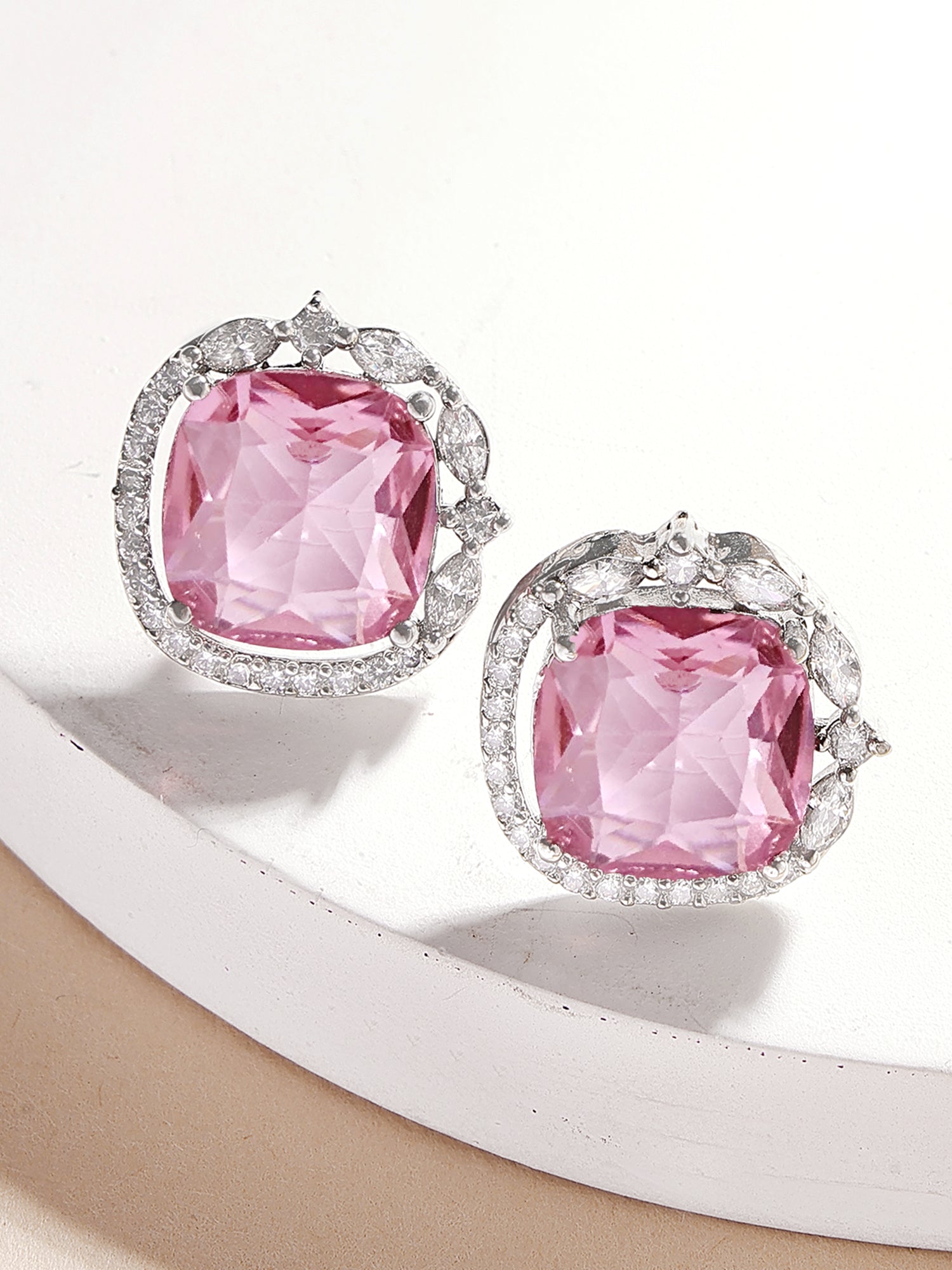 Karatcart Silver Tone Pink American Diamond Stud Earrings for Women