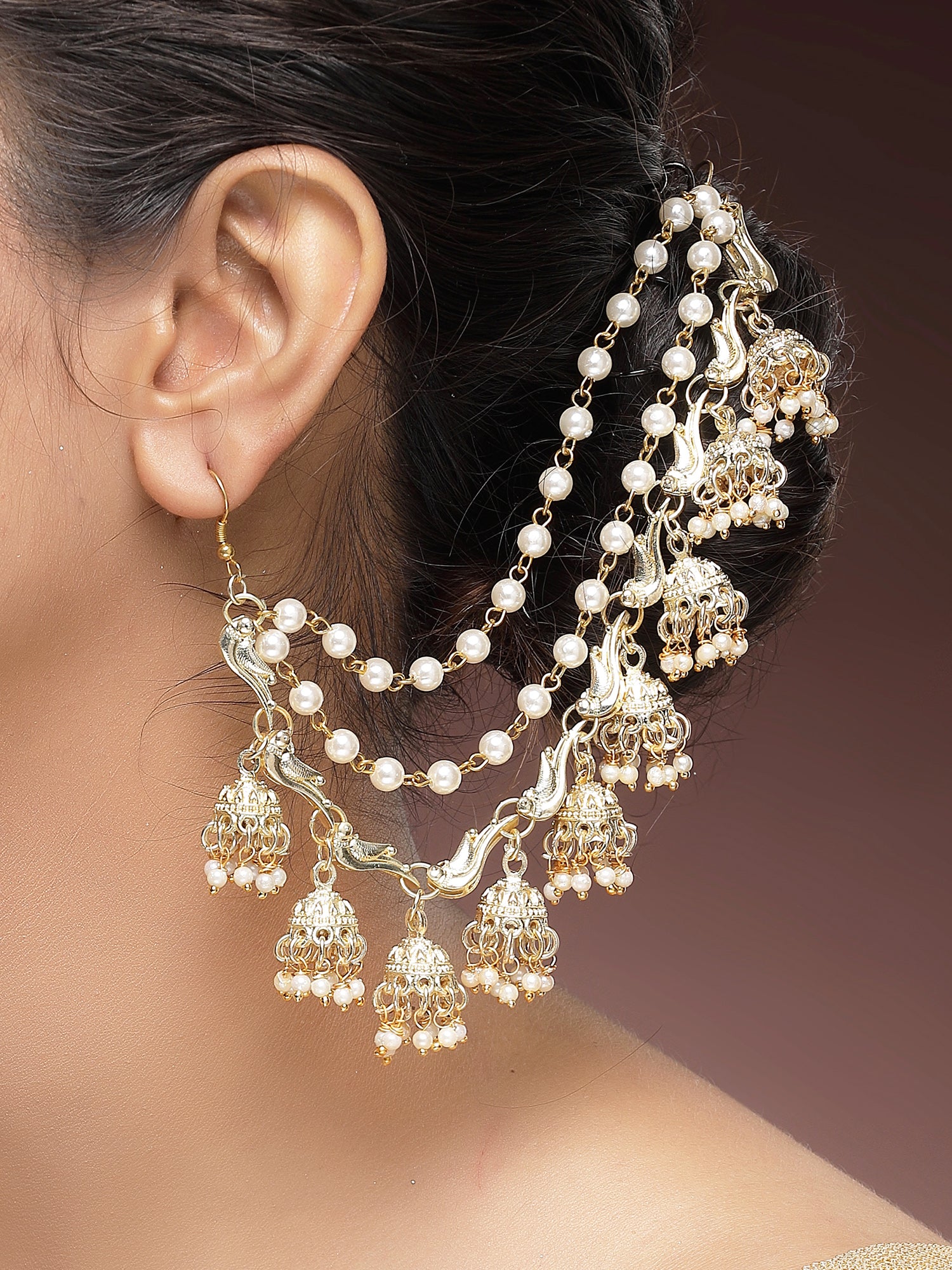 KARATCART Traditional Gold-Plated Peacock Kundan and Jhumki Kaanchain Earrings for Women - view 3