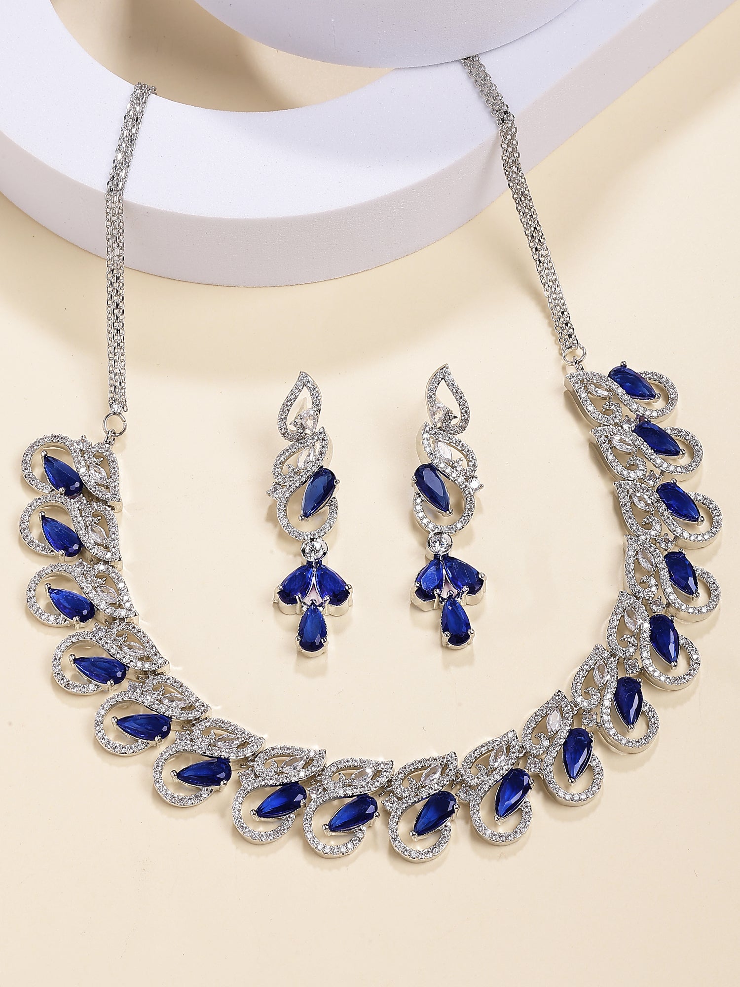 Karatcart Sparkling Blue Drop American Diamond Silver Plated Necklace Set for Women