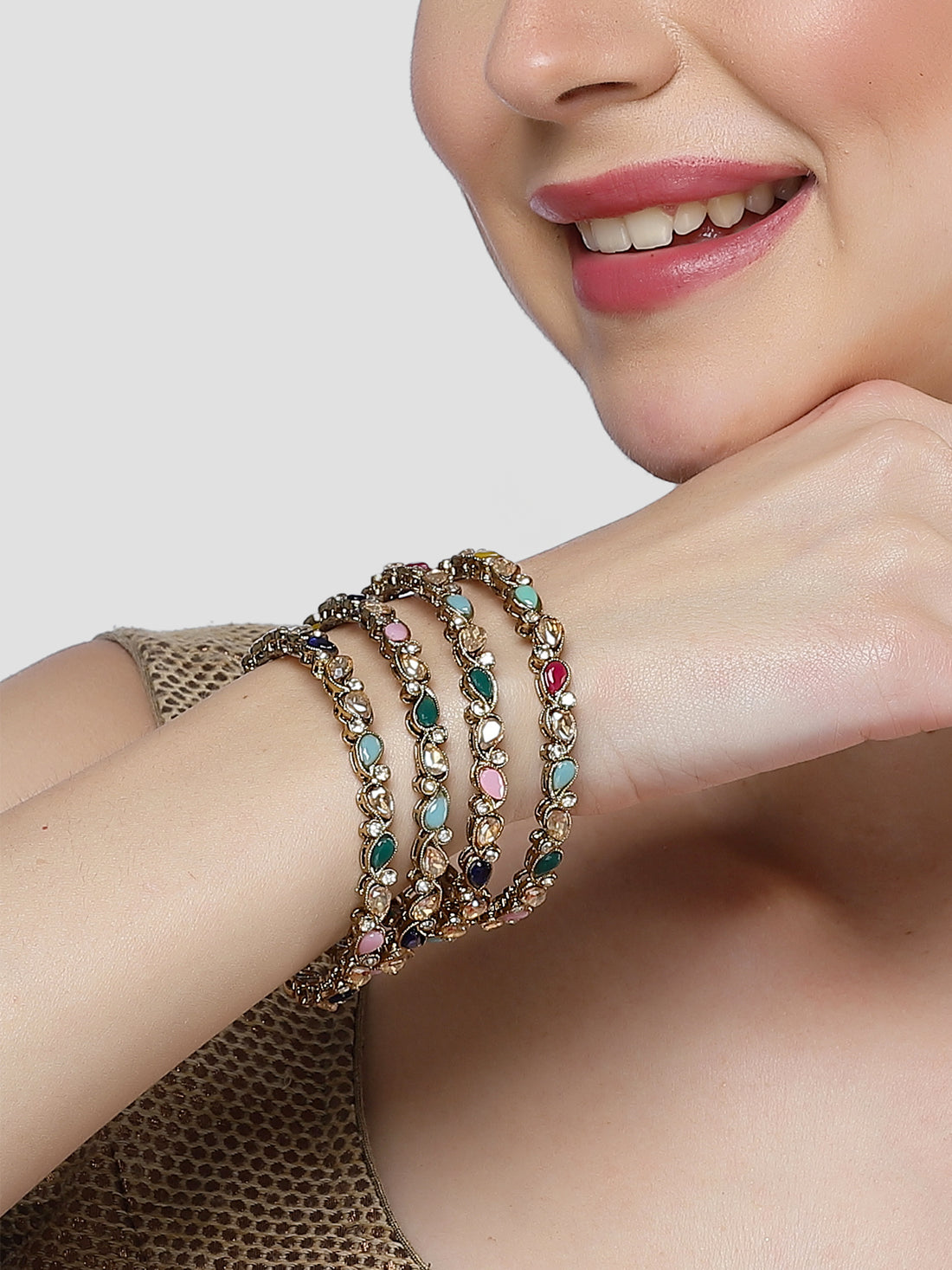 Karatcart Set of 4 Gold Plated Drop Shape Multicolor Stone Studded Bangles for Women