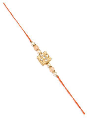 Karatcart Set of 4 Sqaure Floral Design Enamel Kundan Rakhi for Brother with Roli & Chawal