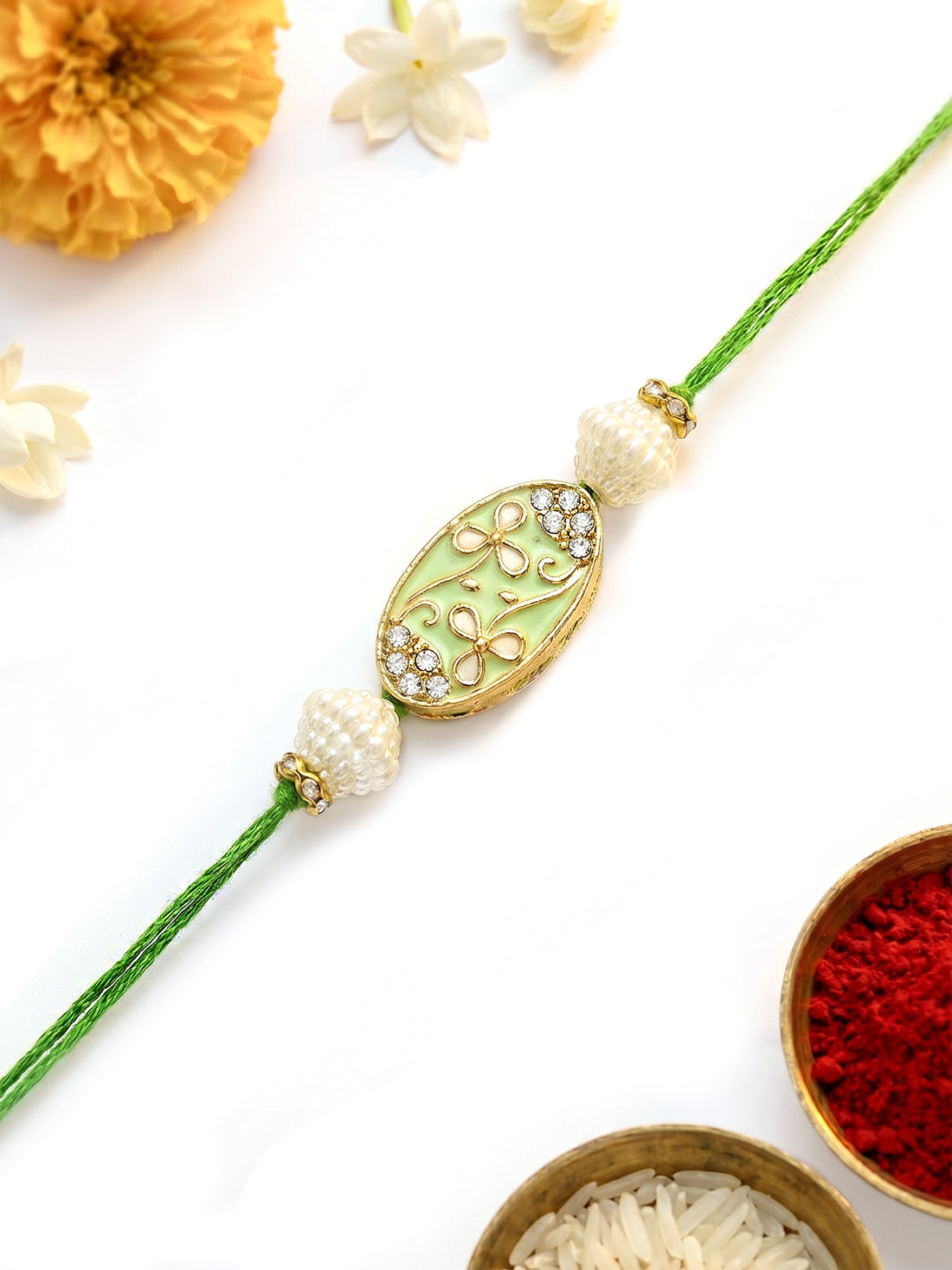 KARATCART Beautiful Lime Green Floral Meenakari Handmade Rakhi for Brother with Roli & Chawal