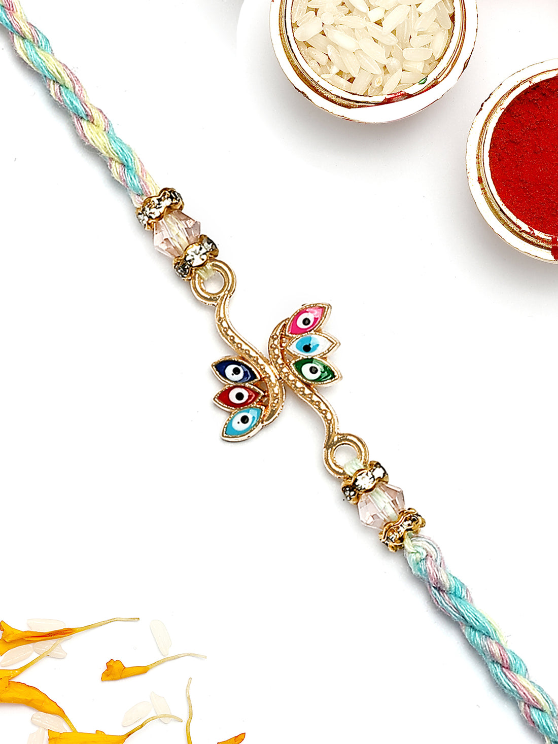 KARATCART Butterfly Design Multicolor Evil Eye Bhaiya Rakhi with Roli & Chawal