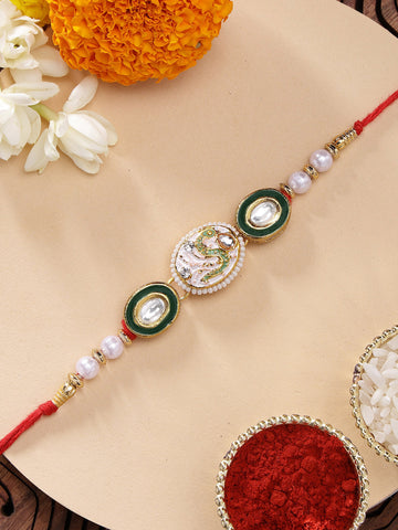 KARATCART Elegant Snake Design White Meenakari Kundan Handmade Rakhi for Brother with Roli Chawal
