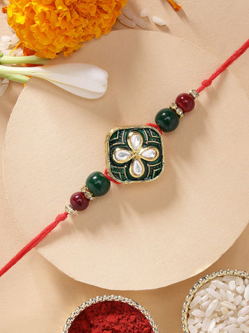KARATCART Traditional Green Meena Floral Design Handmade Kundan Rakhi for Brother with Roli & Chawal