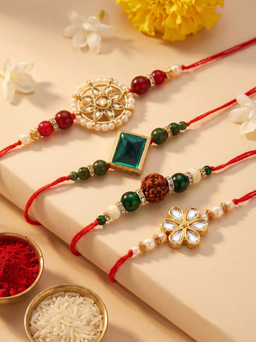 KARATCART Set of 4 Gold-Plated Kundan Rakhi with Roli Chawal for Brother