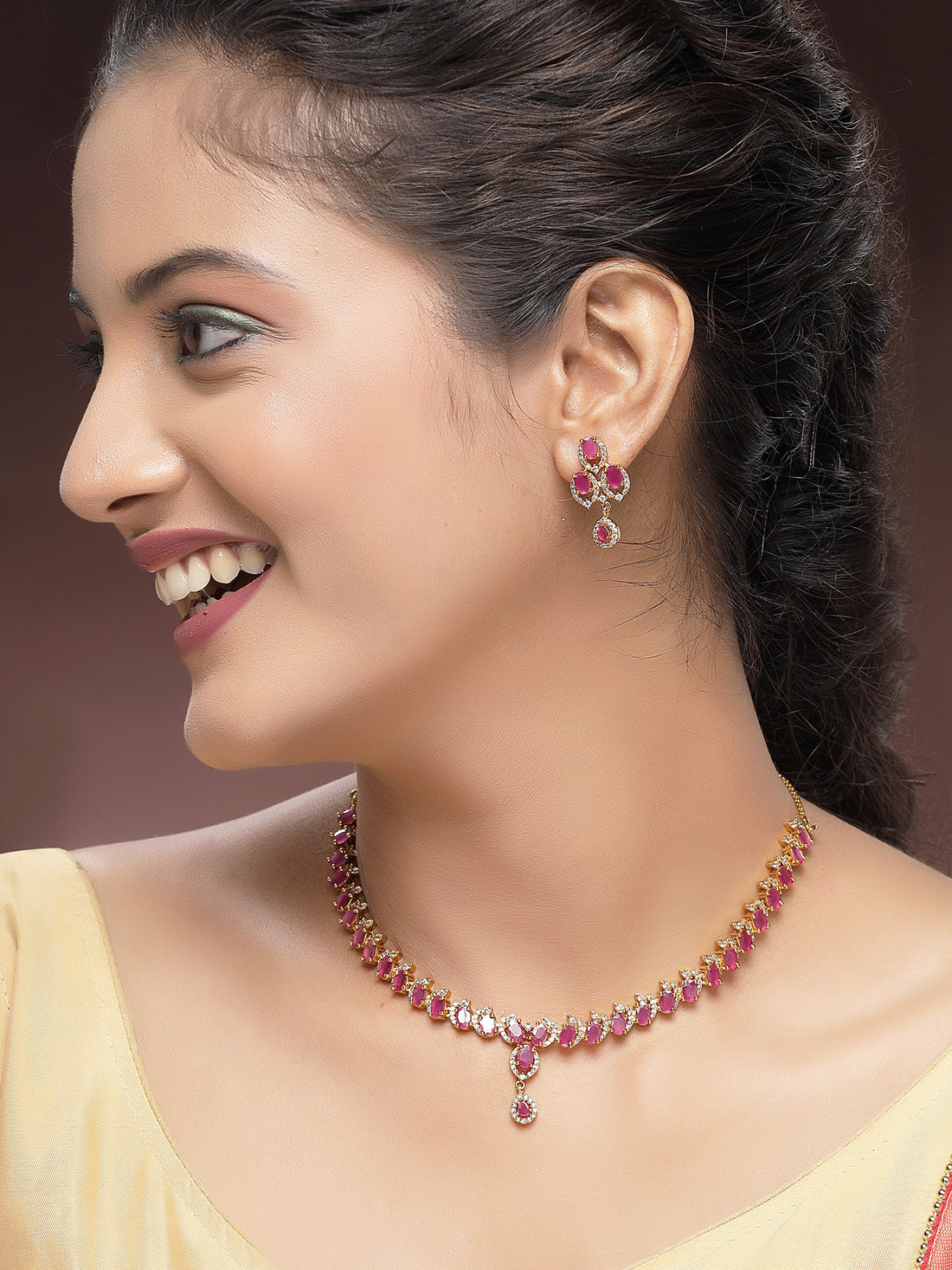 KARATCART Elegant Gold-Plated Red Oval American Diamond Jewellery Set for Women