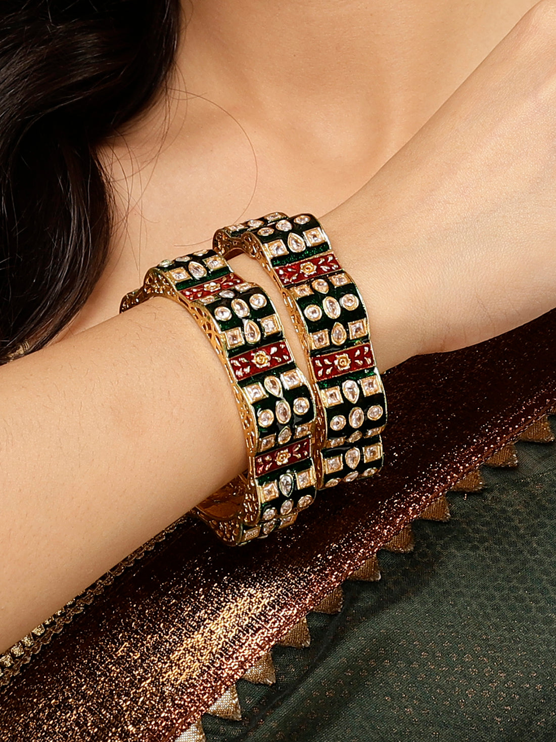 Karatcart Gold Plated Green Meena Bangles Set for Women