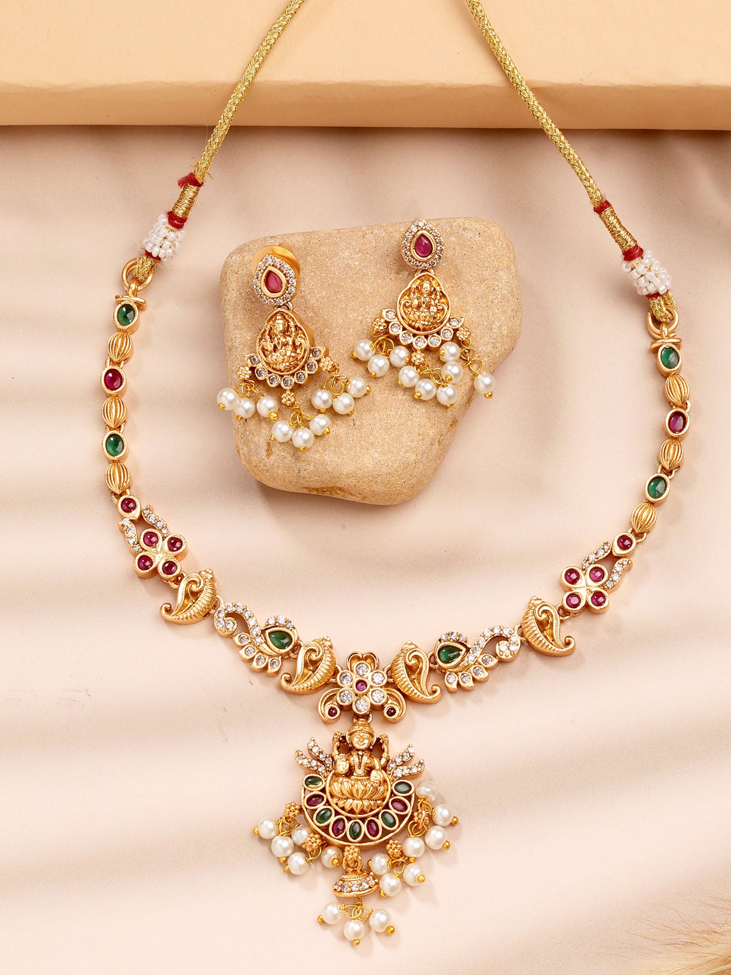 Karatcart Traditional Laxmi Mata Gold Plated Stone Studded Temple Necklace Set for Women