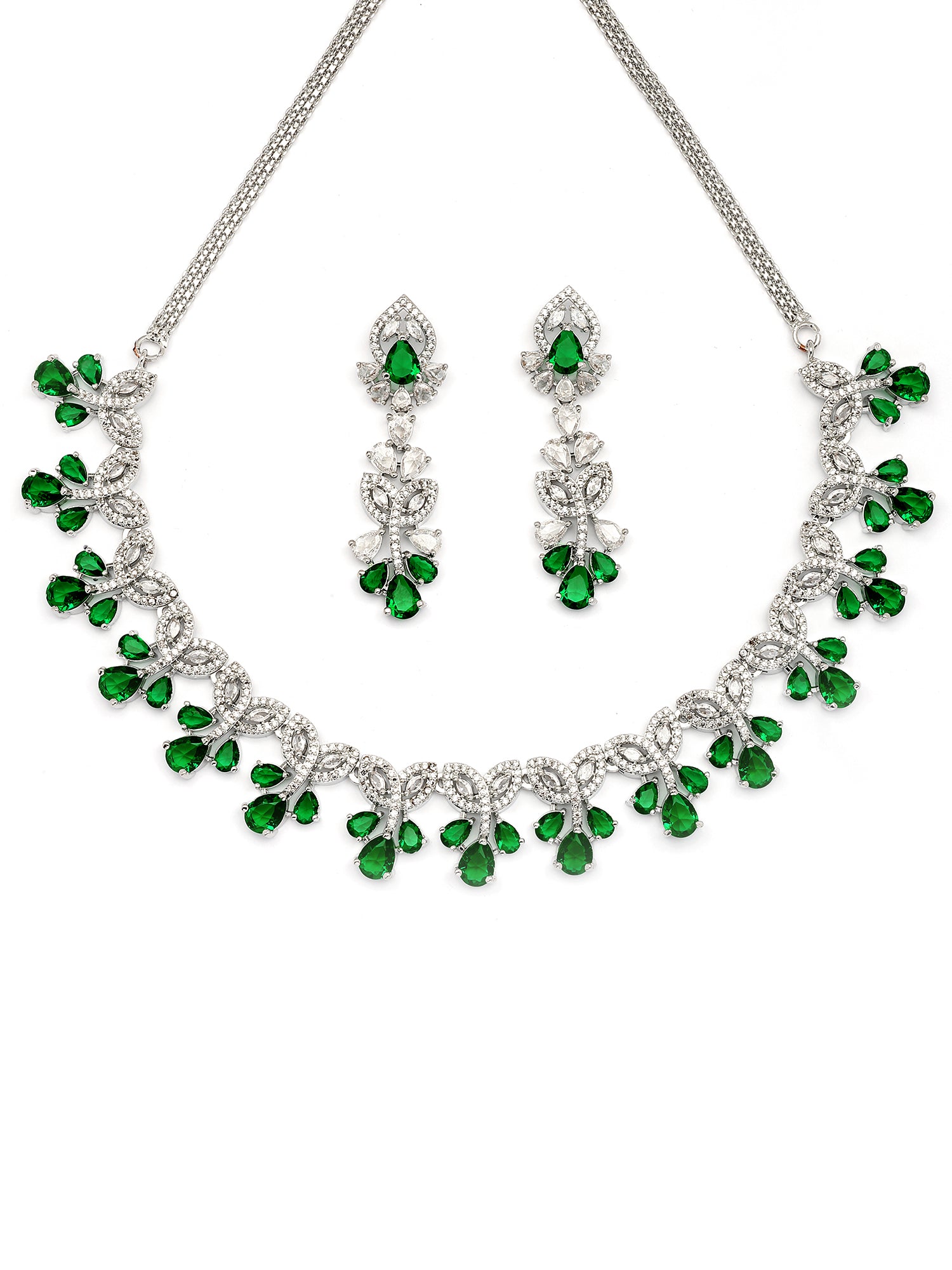 Karatcart Sparkling Green Floral American Diamond Silver Plated Necklace Set for Women - view 4
