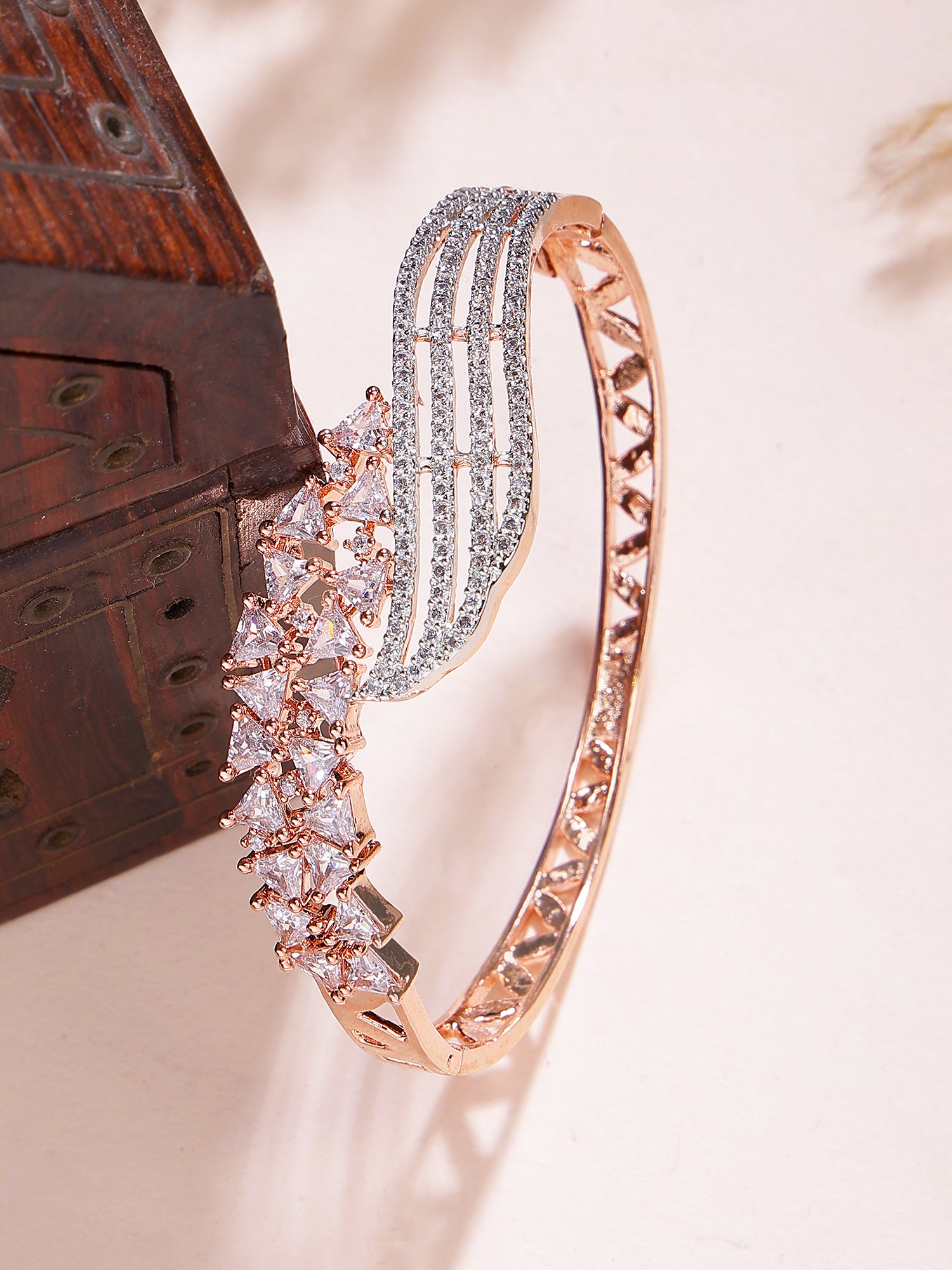 Karatcart Elegant Rose Gold Finish Bangle Bracelet with Sparkling American Diamond Stones
