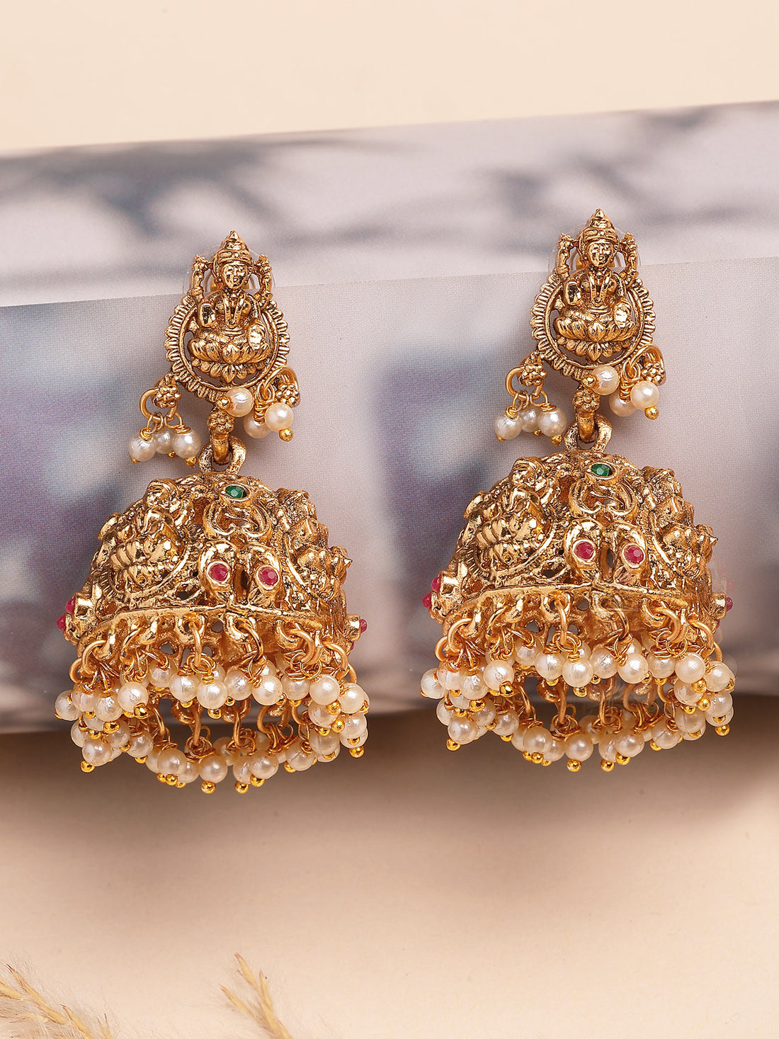Karatcart Traditional Gold Plated Temple Jhumka Earrings with Laxmi Mata and Pearl Drops for Women