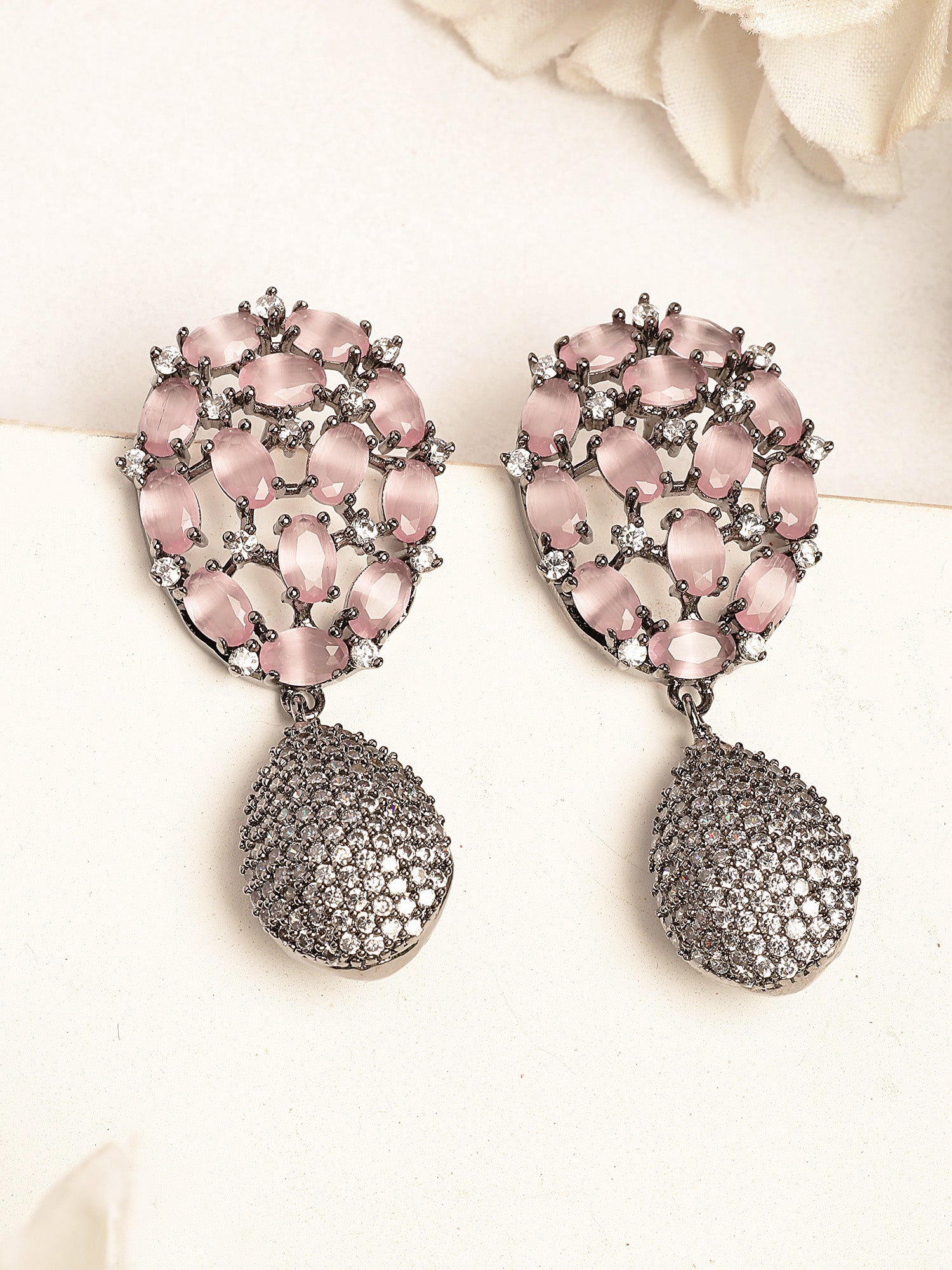 Karatcart Elegant Oval Drop Shape Pink American Diamond Drop Earrings for Women