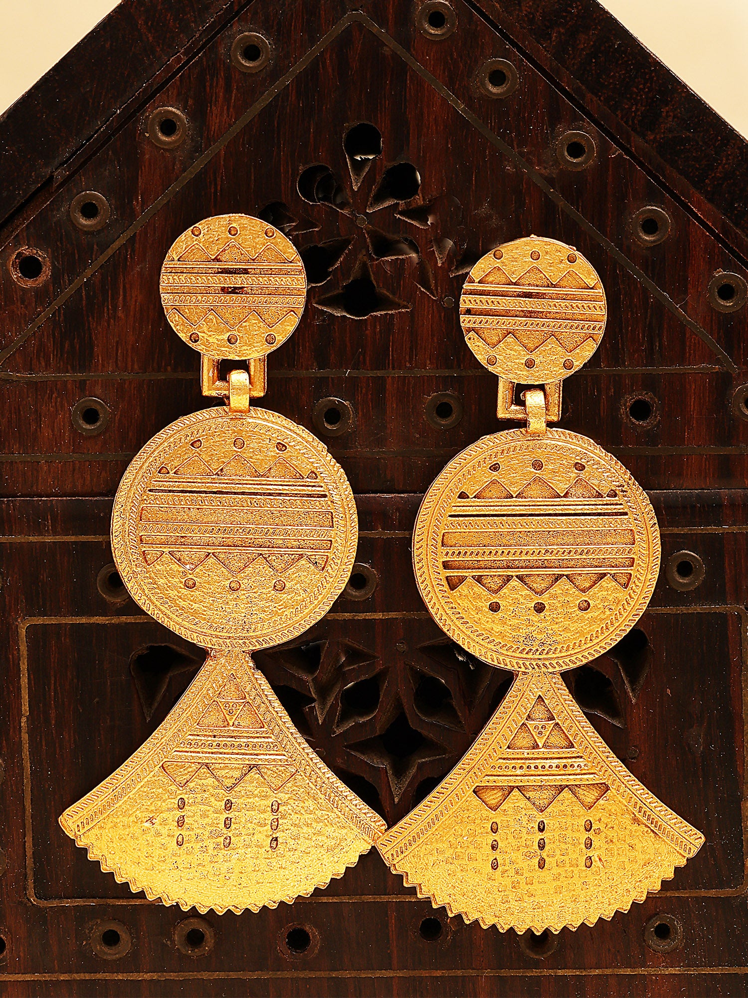 Karatcart Antique Gold Plated Ethnic Tribal Engraved Designer Drop Earrings for Women