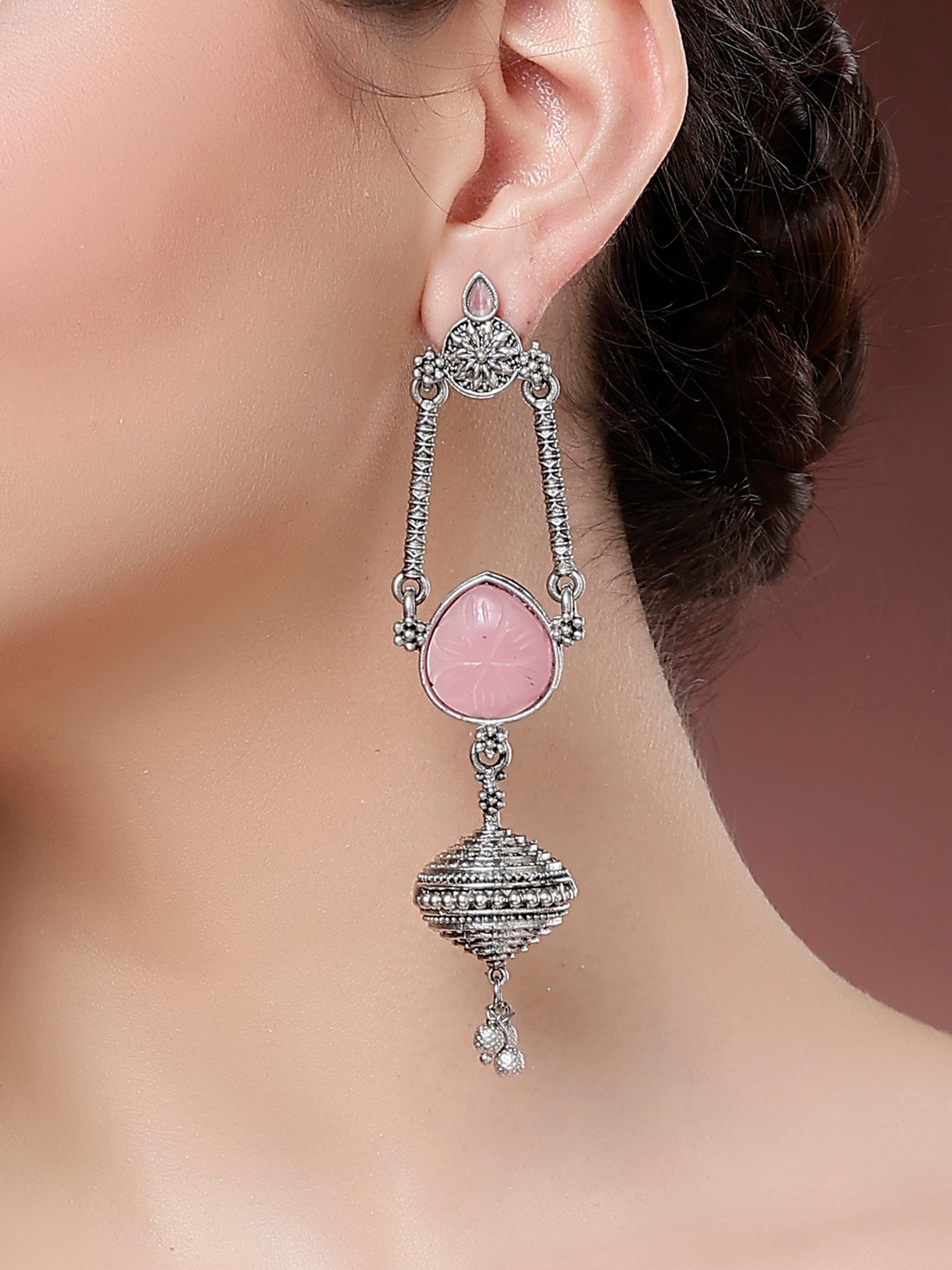Karatcart Oxidized Silver Designer Pink Carved Stone Drop Earrings for Women