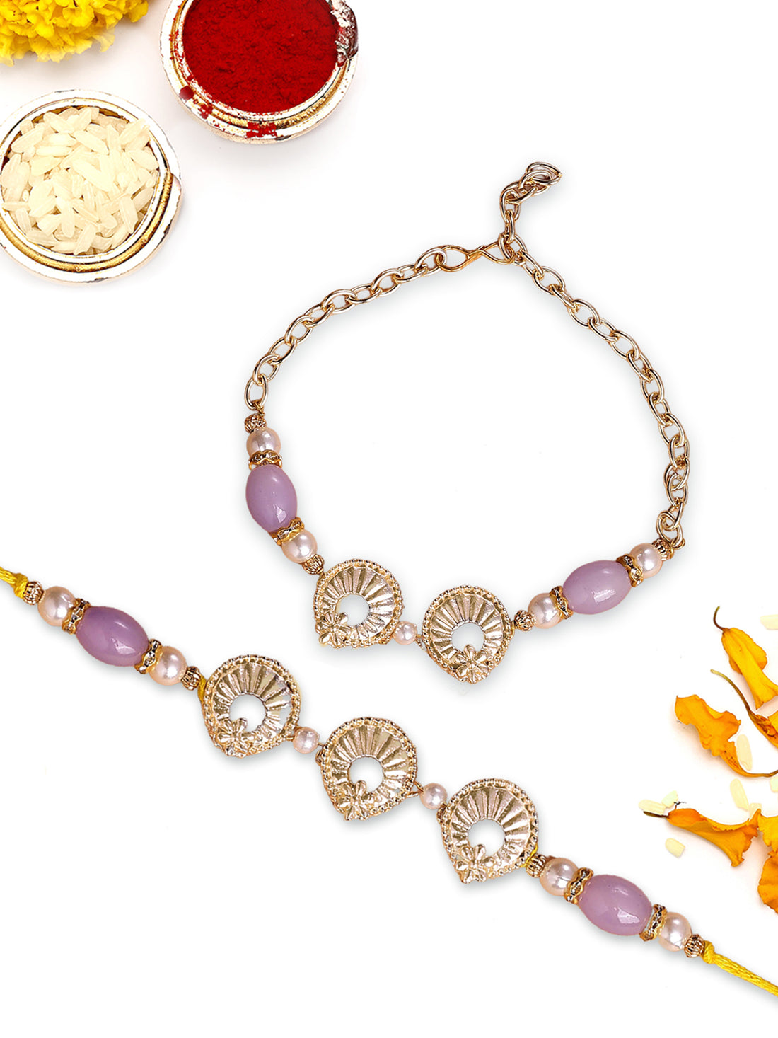 KARATCART Gold Plated Purple Beads Kundan Bhaiya Bhabhi Rakhi with Roli & Chawal