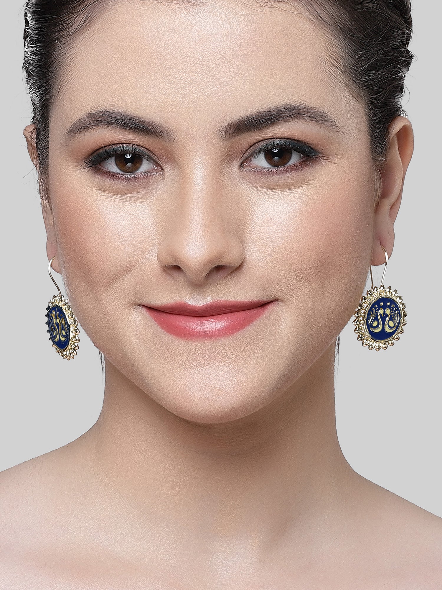 Karatcart Gold Plated Blue Meena Peacock Design Round Drop Earring for Women