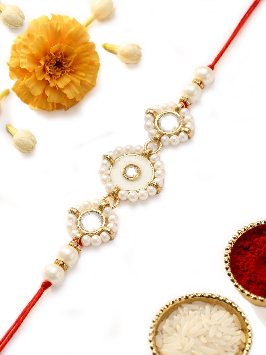 KARATCART Traditional Meenakari Pearl Kundan Rakhi for Brother with Roli & Chawal