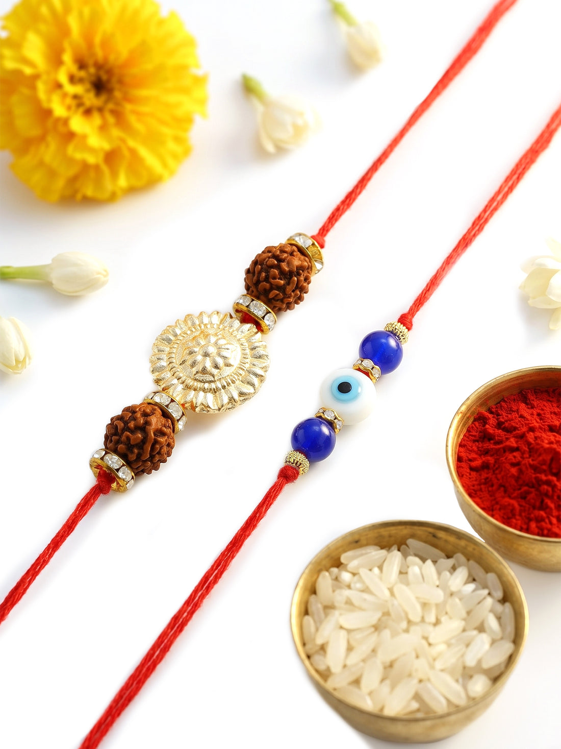 KARATCART Set of 2 Evil Eye and Rudraksha Handmade Kundan Rakhi for Brother with Roli & Chawal