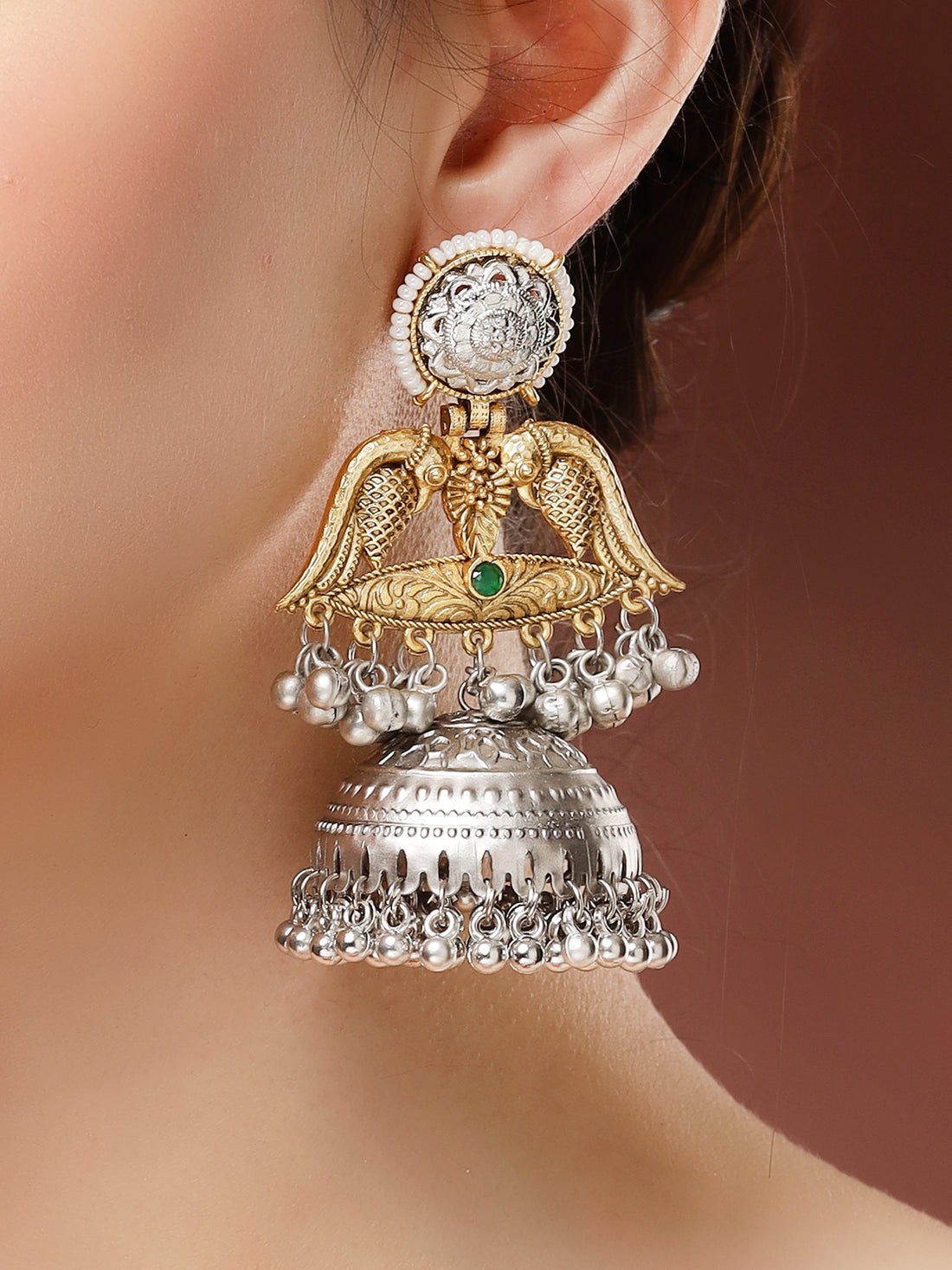 Karatcart Elegant Gold Plated Green Stone Bird Motif Dual Tone Silver Jhumka Earrings for Women
