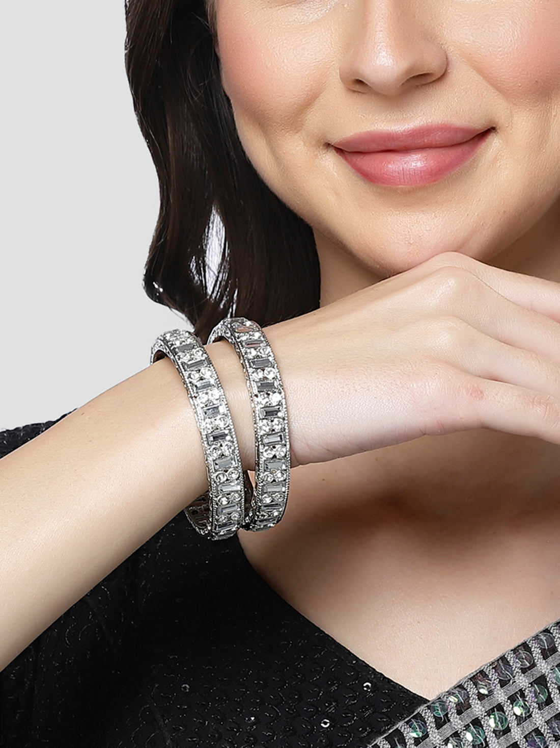 Karatcart Silver Plated Set of 2 Cubic Zirconia Studded Bangles for Women