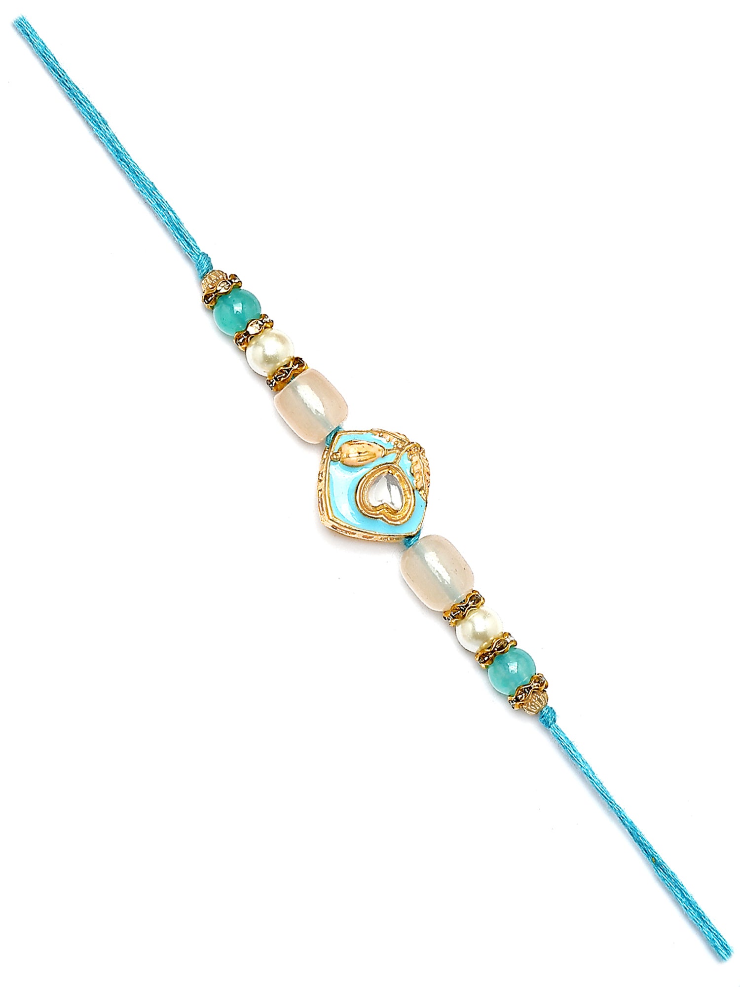 Karatcart Set of 3 Pink and Blue Enamel Kundan Rakhi for Brother with Roli & Chawal
