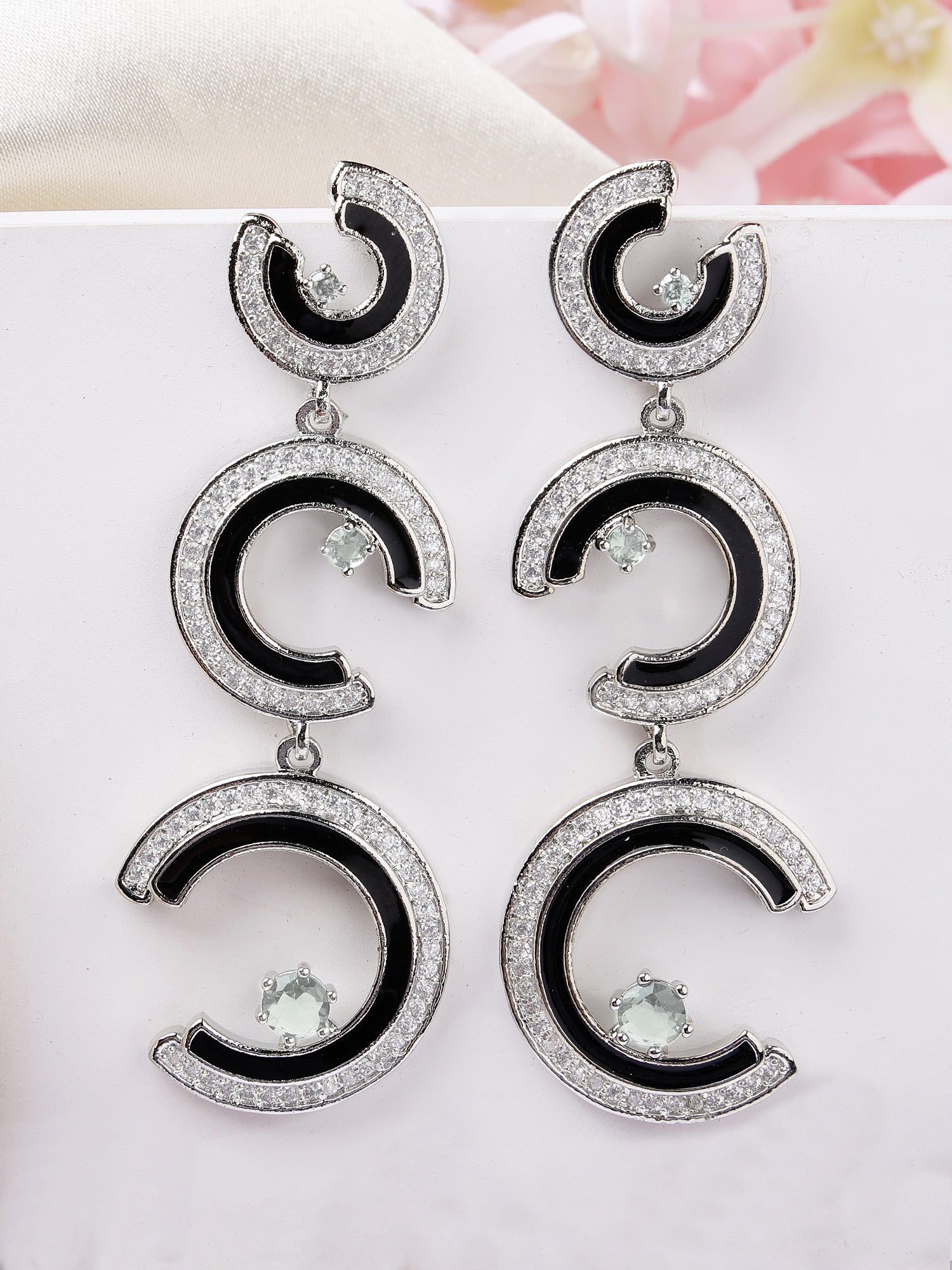 Karatcart Bold Black Enamel Silver Plated Crescent American Diamond Dangle Earrings
