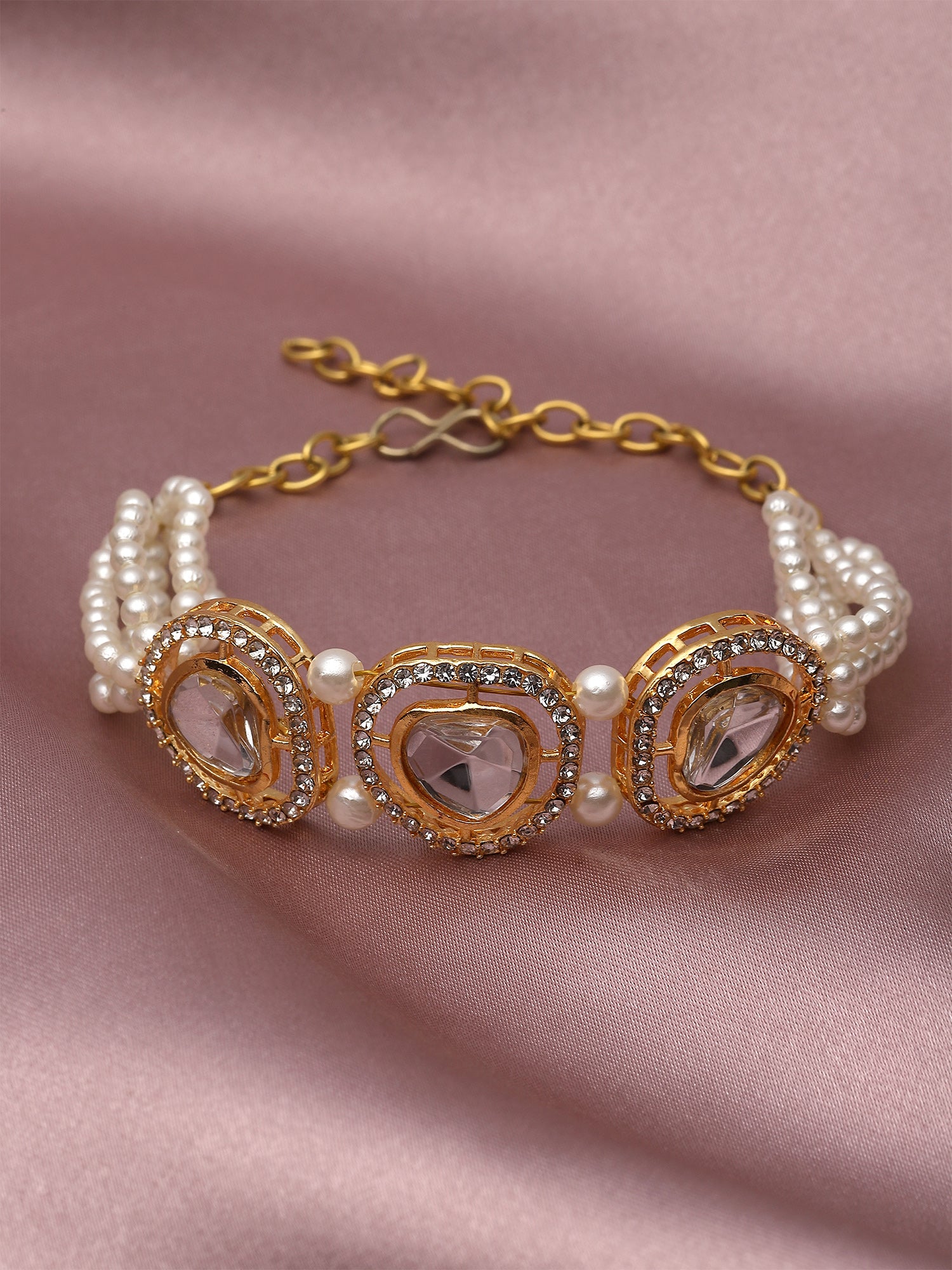 Karatcart Gold Plated Polki Kundan and Pearl Bracelet for Women