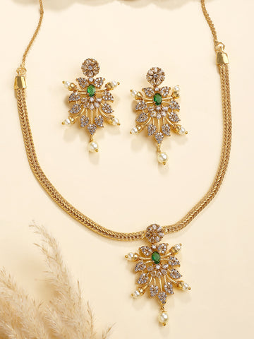 KARATCART Designer Gold-Plated Green American Diamond and Pearl Jewellery Set for Women