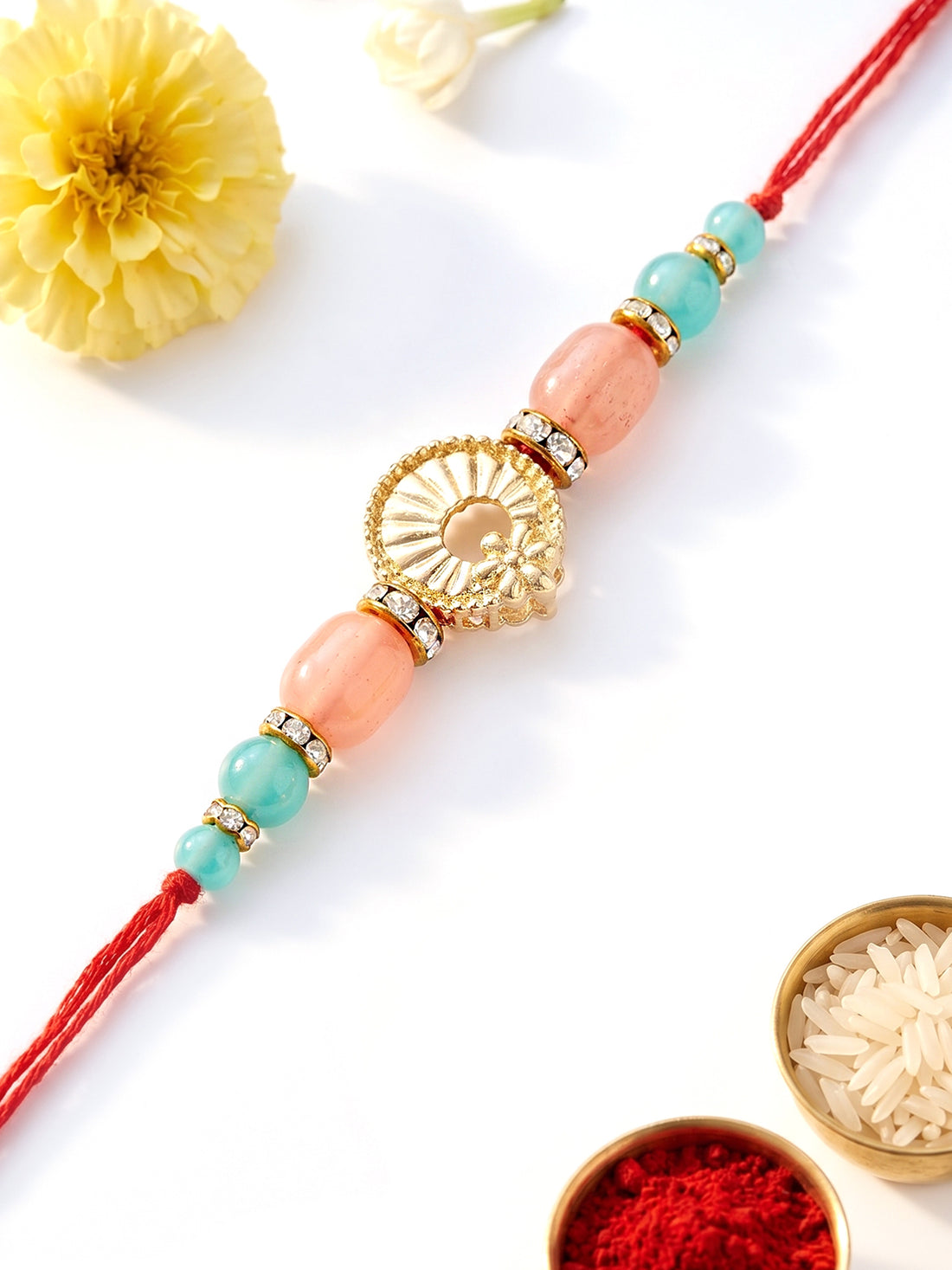 KARATCART Beautiful Pink and Light Blue Beads Handmade Kundan Rakhi for Brother with Roli & Chawal