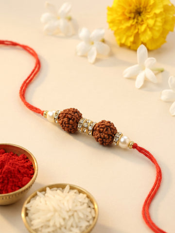 KARATCART Gold Plated Double Rudraksha Designer Bhaiya Rakhi with Roli & Chawal
