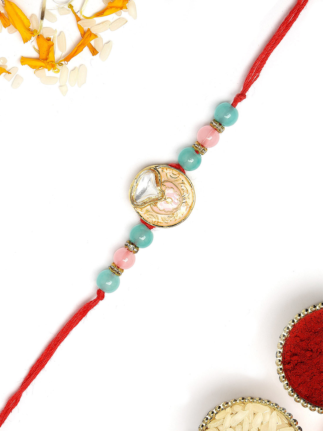 KARATCART Beautiful Sea Shell Design Meenakari Handmade Kundan Rakhi for Brother with Roli & Chawal
