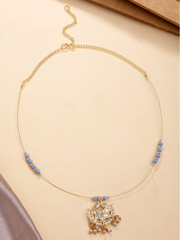 KARATCART Designer Gold-Plated Blue Crystal Floral Kundan Minimalist Necklace for Women