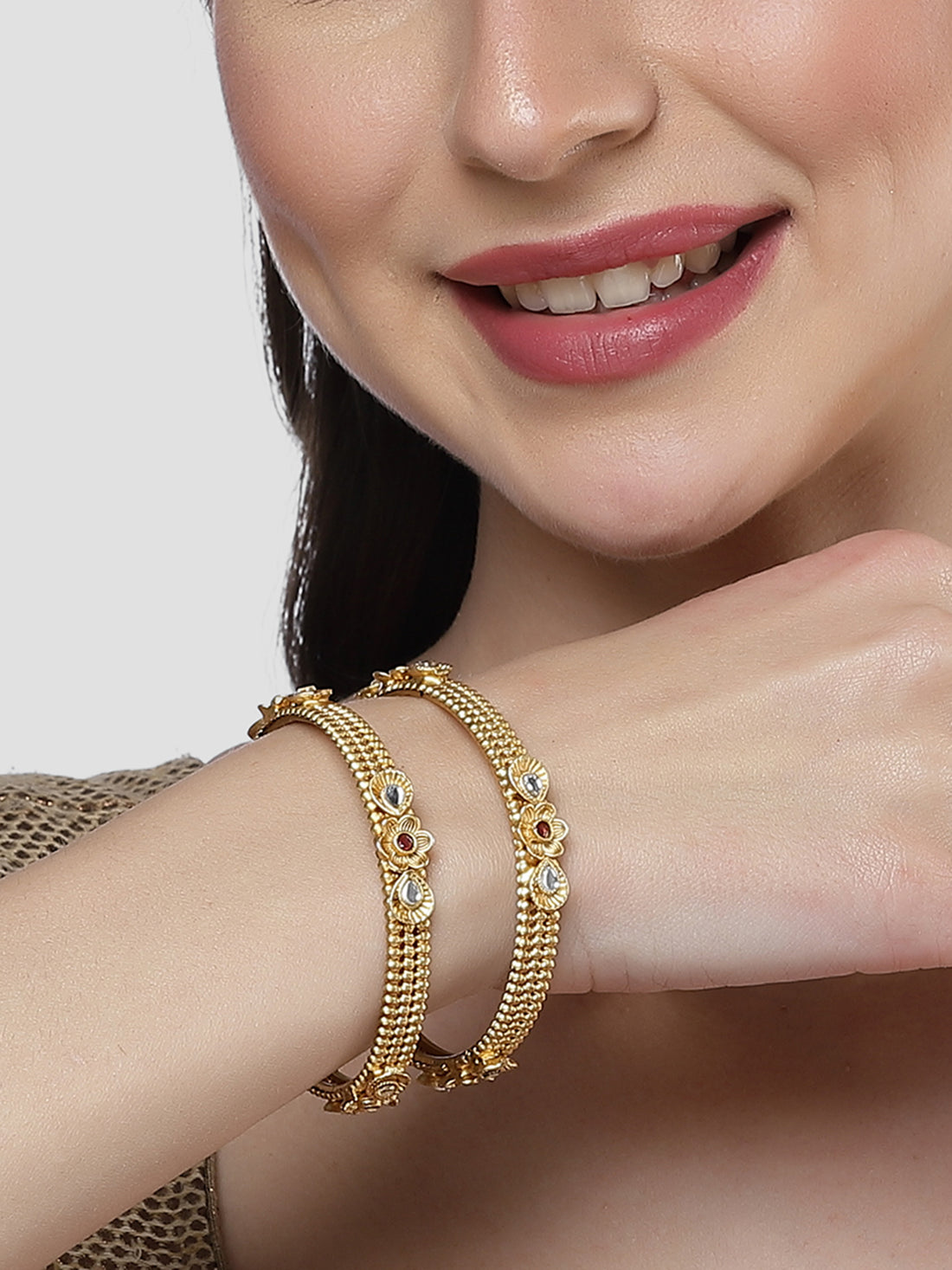 Karatcart Gold Plated Set of 2 Floral Design Bangles Set for Women